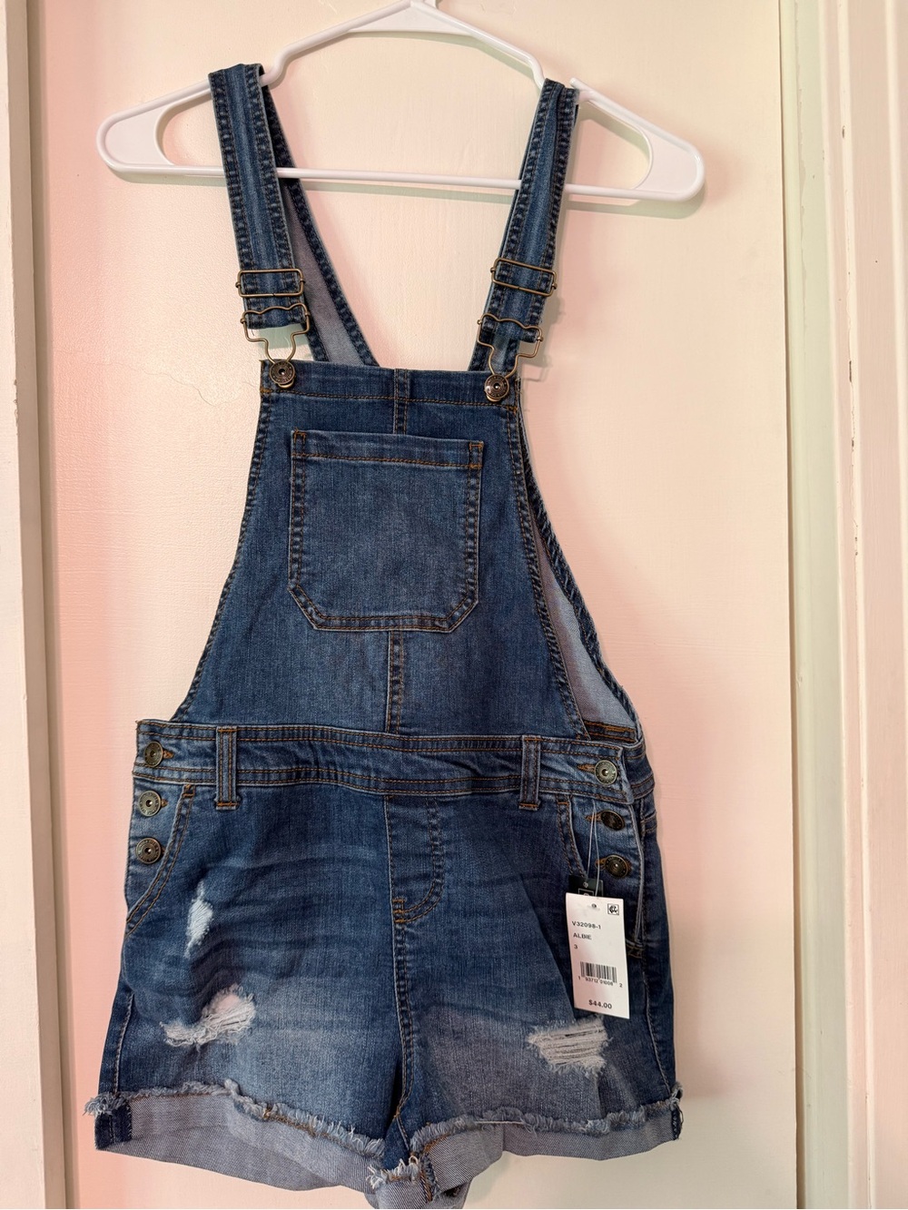 Macy's Distressed Denim Short Overalls - Blue